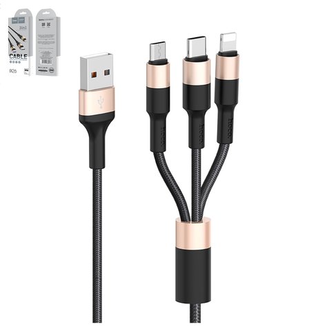 USB кабель Hoco X26, USB тип C, USB тип A, micro USB тип B, Lightning, 100 см, 2 A, чорний, золотистий, #6957531080275