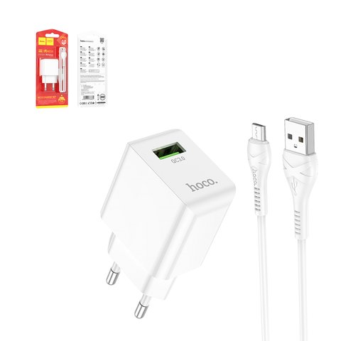Mains Charger Hoco C98A, 18 W, Quick Charge, white, with micro USB cable Type B, 1 output  #6931474766861