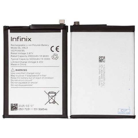 Battery BL 49LX compatible with Infinix Hot 12 X6817 , Hot 20 X6826 , Hot 20S X6827 , Li Polymer, 3.87 V, 5000 mAh, Original PRC  
